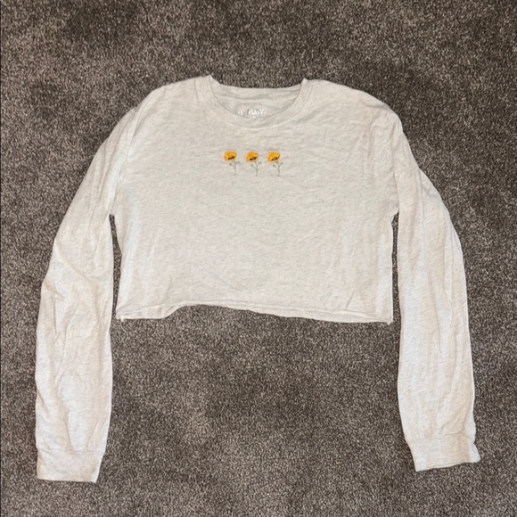 Harlow Tops - Harlow Gray Cropped Long Sleeve Sweatshirt With Floral Embroidery